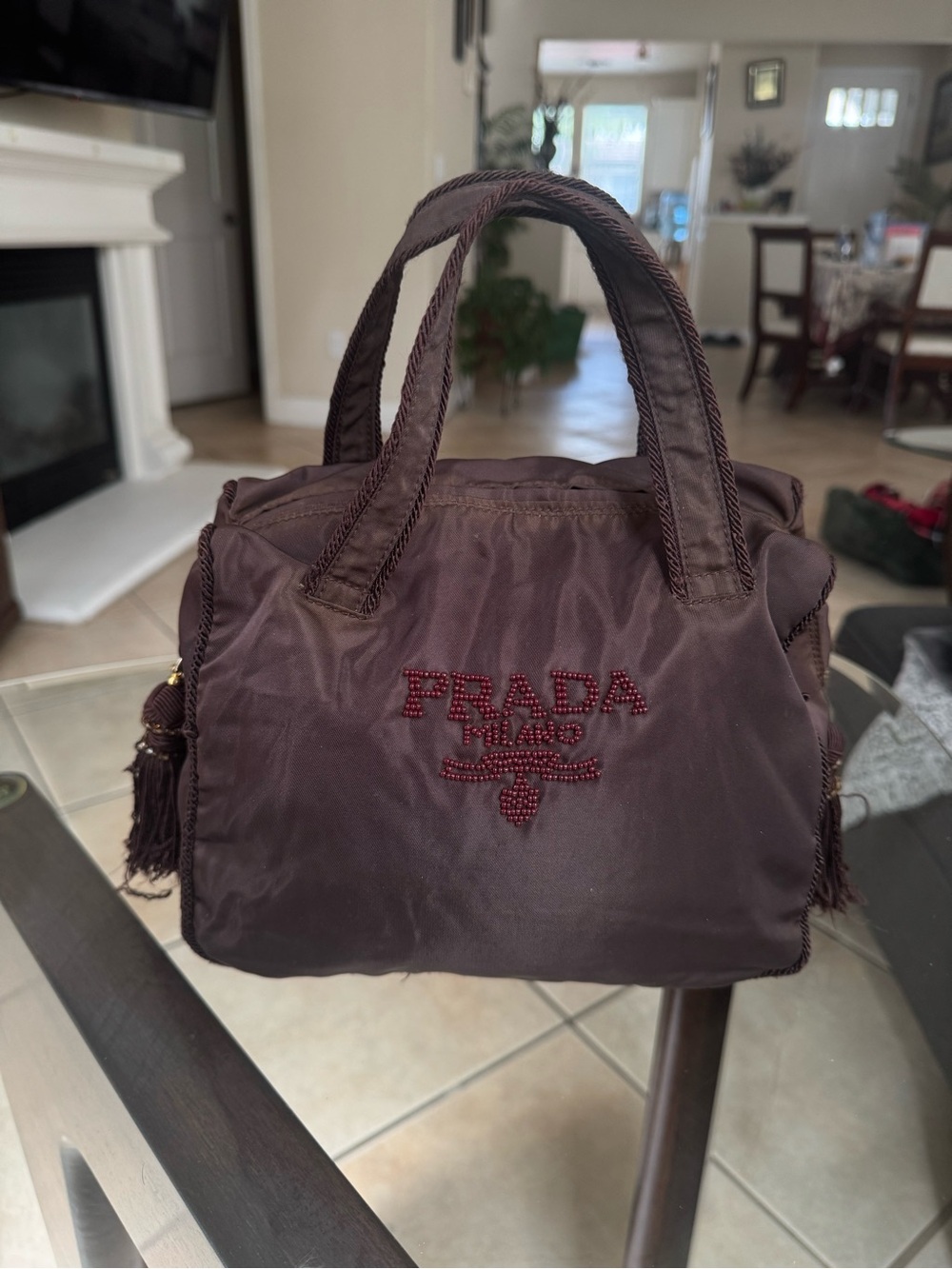 Prada Mini Nylon Satchel in Deep Brown with Beaded Logo